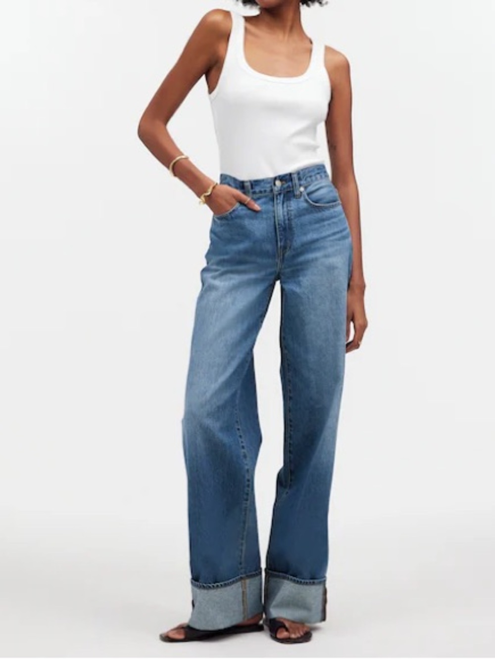 Madewell sz 24 Petite cuffed Super wide-leg Jeans high waisted rigid denim